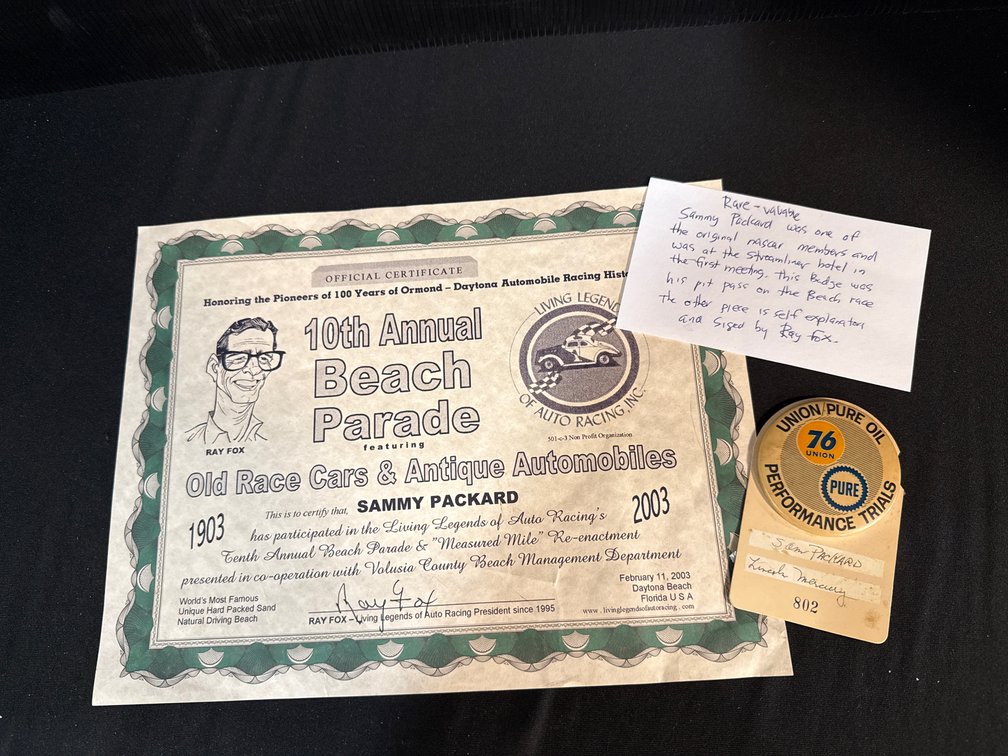 Rare Sammy Packard Auto Racing Certificate and Credential Badge