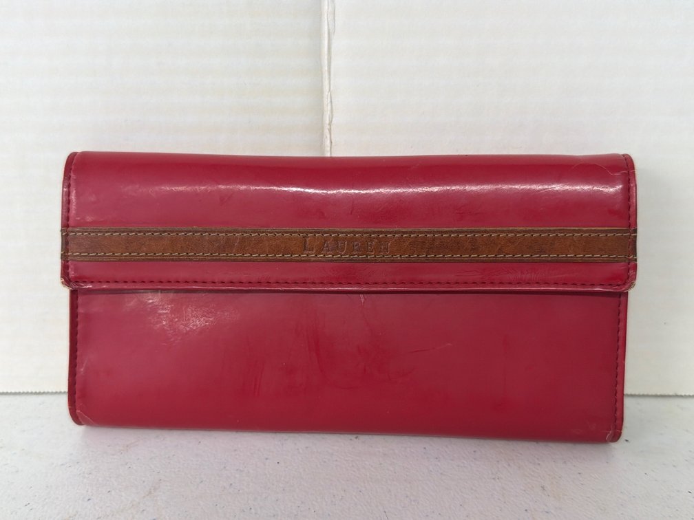 LAUREN Red Glossy Flap Wallet with Brown Leather Trim