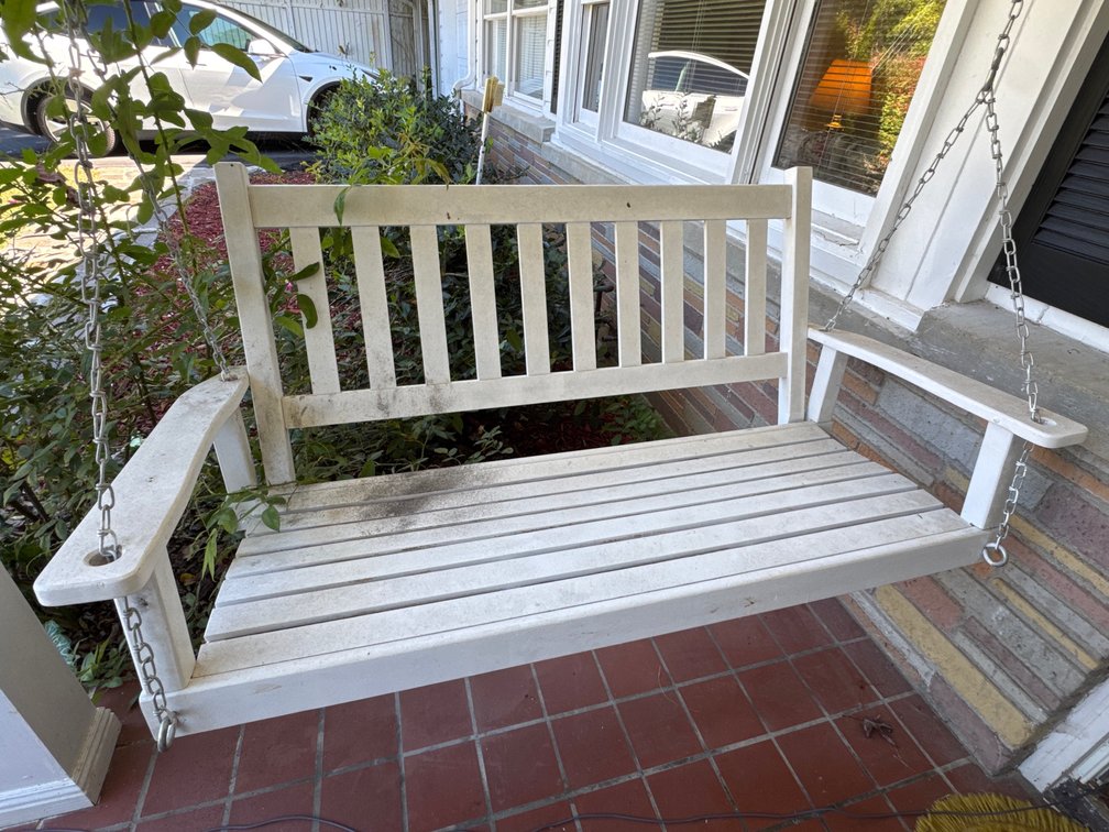 White Painted Wooden Porch Swing with Hanging Chains