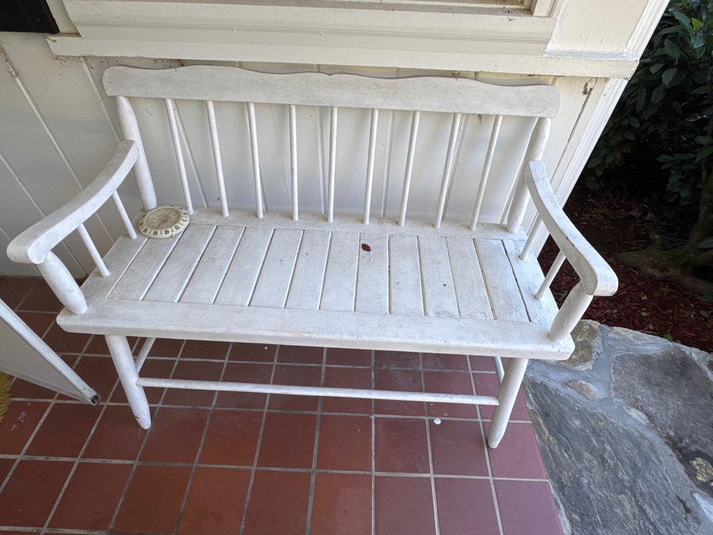 Wooden Spindle-Back Bench and Dial Thermometer
