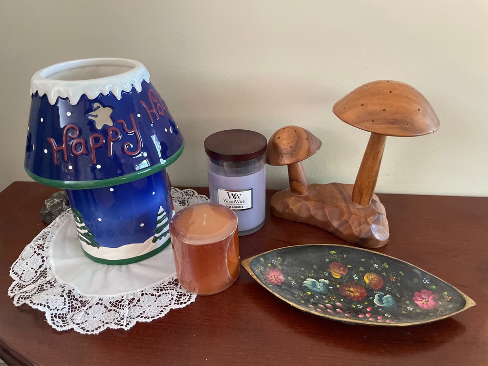 Holiday Candle Holder, Candles, Wood Mushrooms, and Tray