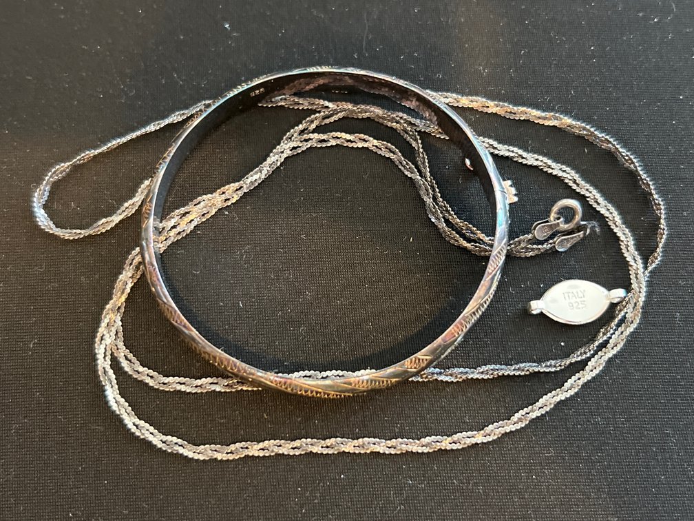 Sterling Silver Bangle Bracelet and Multi-Strand Necklace