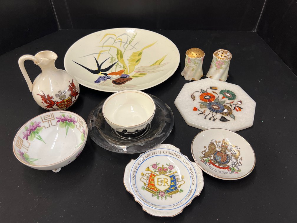 Commemorative Dishes, Inlaid Marble Plaque, and Ceramics
