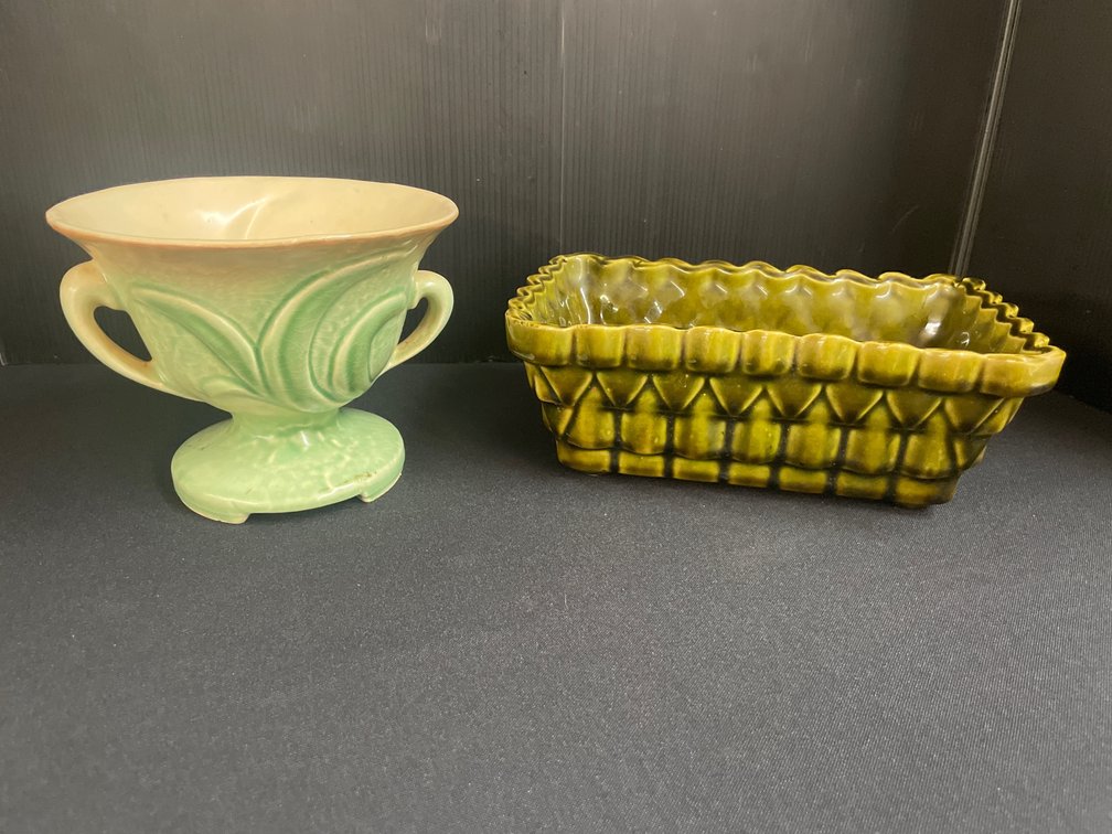 Glazed Ceramic Footed Urn and Rectangular Planter
