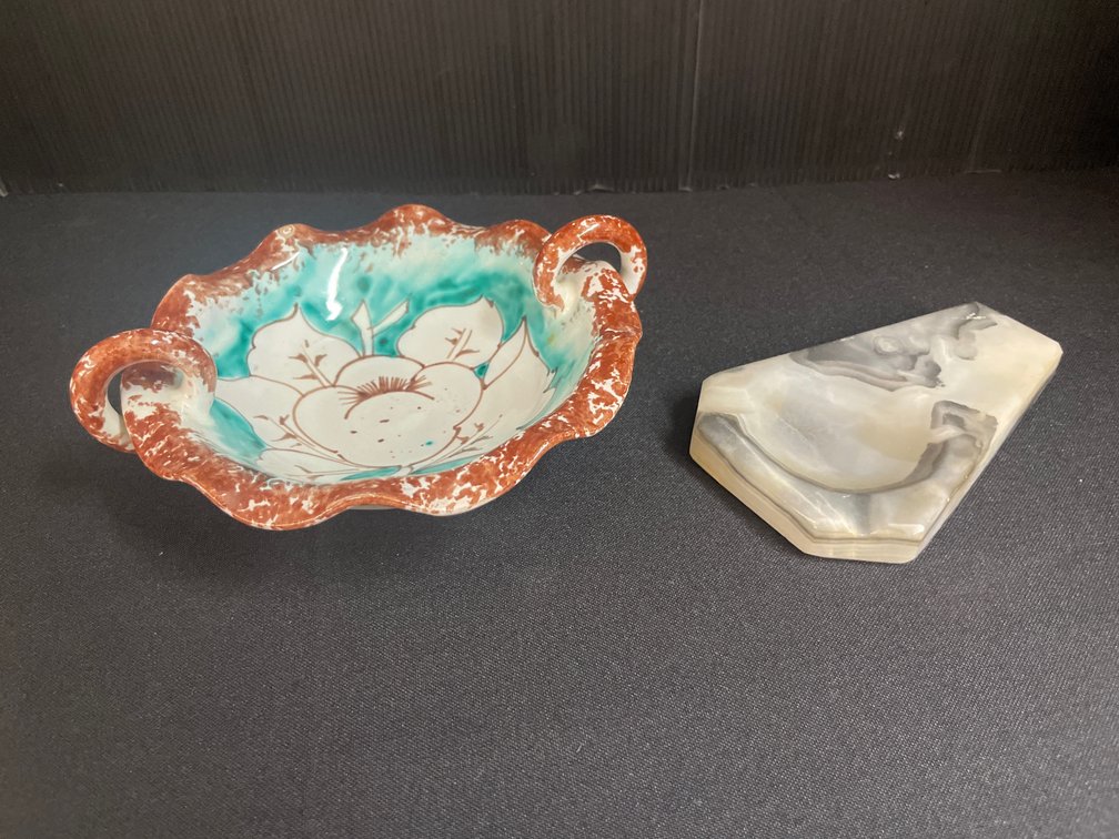 Ceramic Ruffled Handled Dish and Carved Stone Ashtray