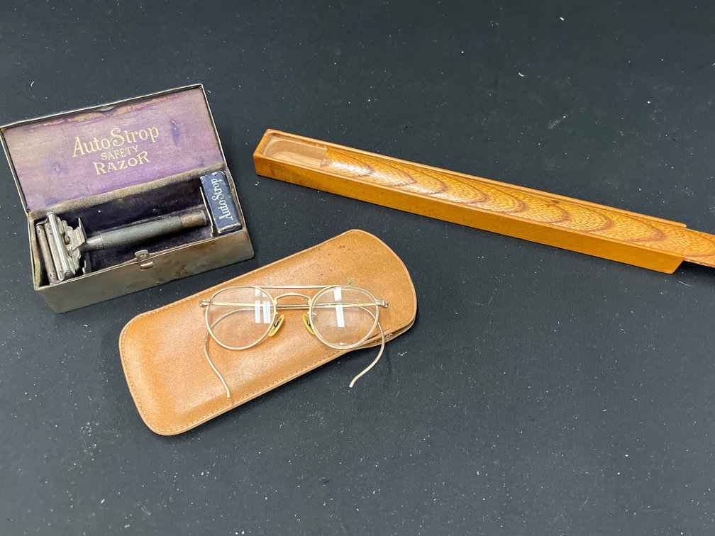 Safety Razor Set, Wire-Rim Eyeglasses, and Wooden Box