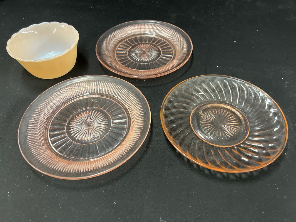Pink Pressed Glass Plates and Custard Cup