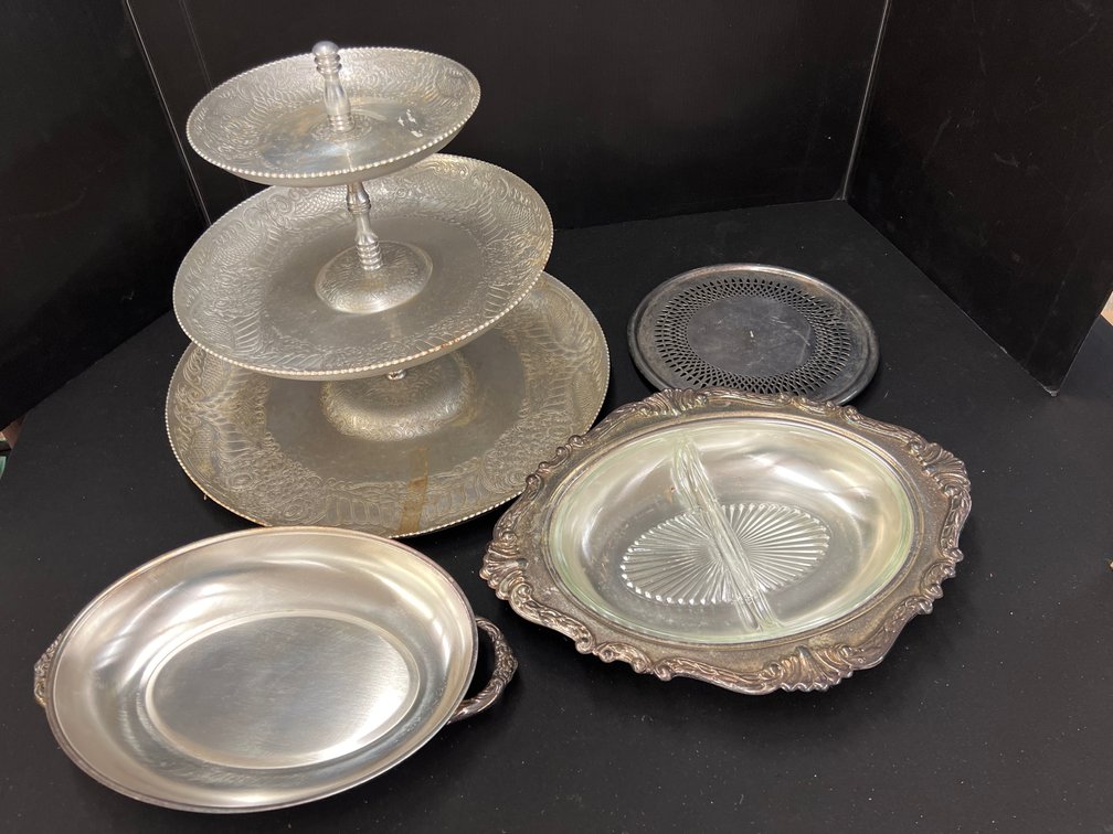 Three-Tier Metal Serving Stand, Serving Dishes, and Trivet
