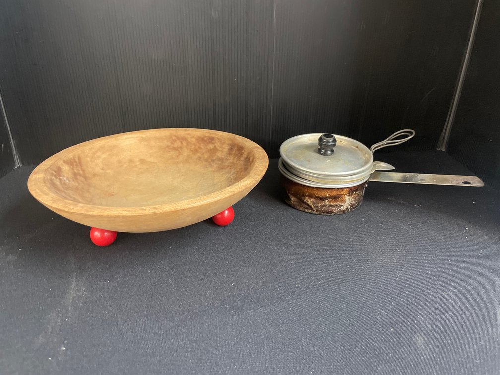 Wooden Footed Bowl and Aluminum Cookware Set