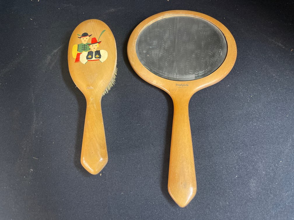 Pro-phy-lac-tic Wooden Hand Mirror and Hairbrush Vanity Set
