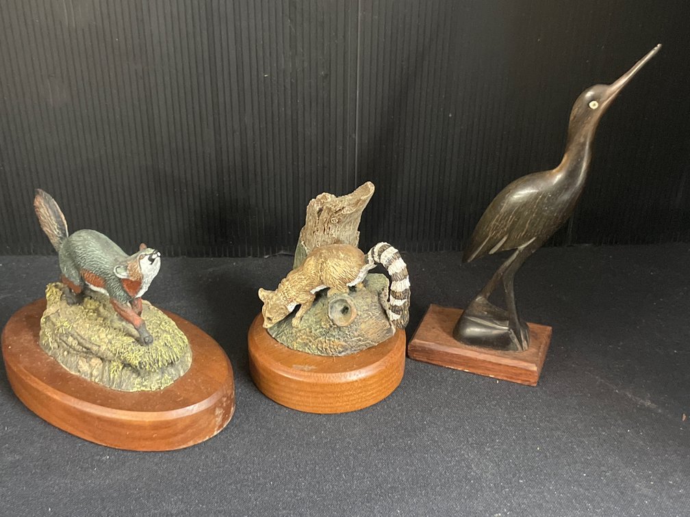 Cast Wildlife and Carved Bird Figurines on Wooden Bases