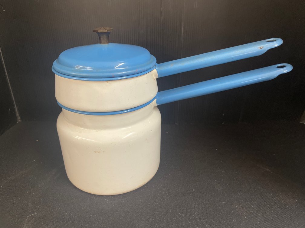 White and Blue Enamelware Double Boiler Set with Lid