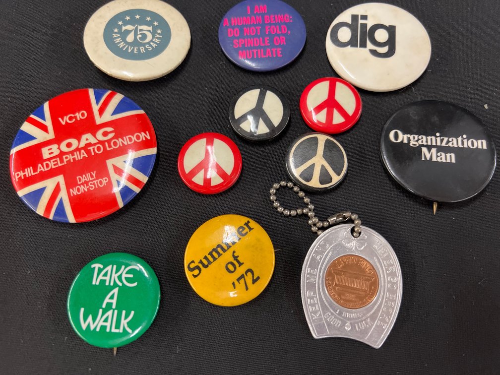 Pinback Buttons and Encased Lucky Penny Keychain