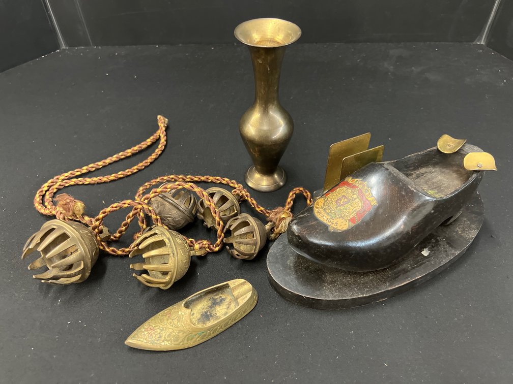 Clog Smoking Stand, Brass Shoe Ashtray, Vase, and Bells