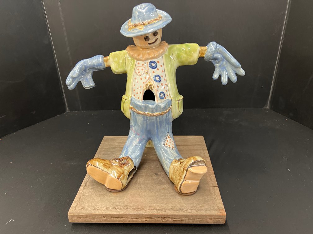 Glazed Ceramic Scarecrow Birdhouse on Wooden Base