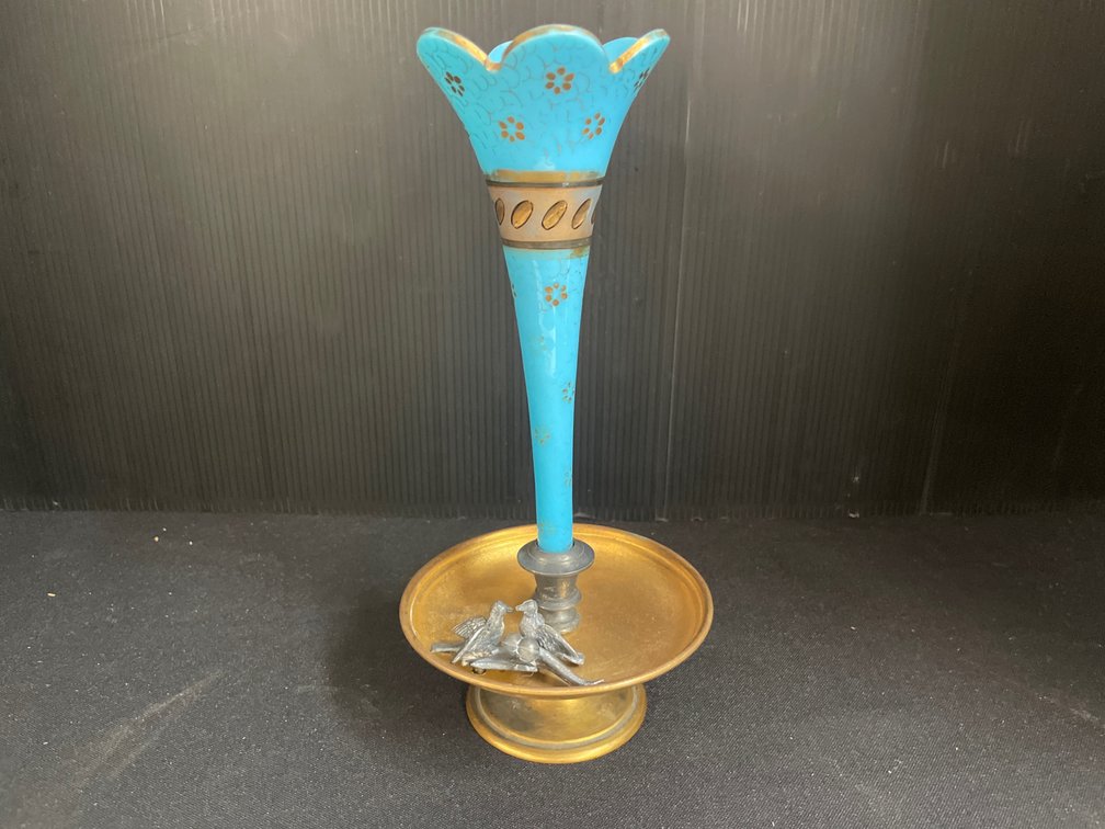 Turquoise Glass Trumpet Vase in Brass Pedestal Dish