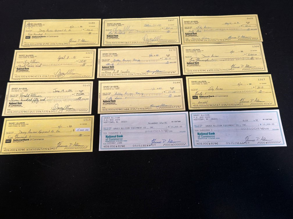 Lot of Rare Davey Allison Signed Cancelled Bank Checks