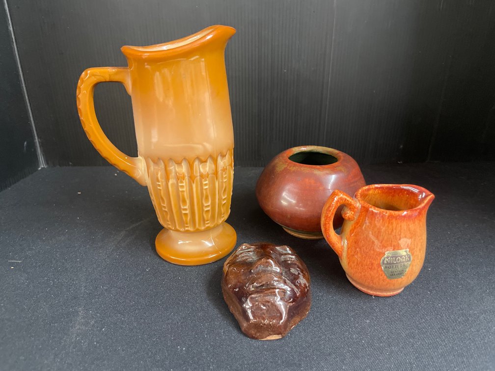 Slag Glass Pitcher, Ceramic Creamer, Pot, and Face Plaque