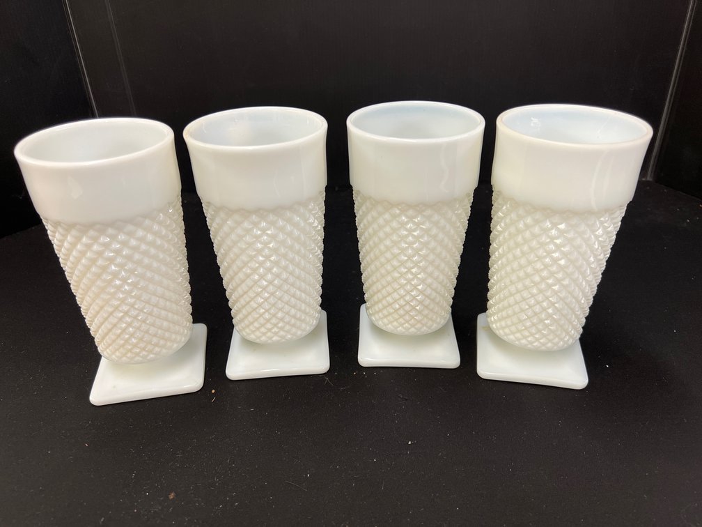 White Milk Glass Diamond Point Footed Tumblers
