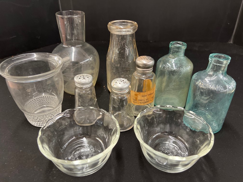 Glass Bottles, Custard Bowls, Shakers, and Carafe