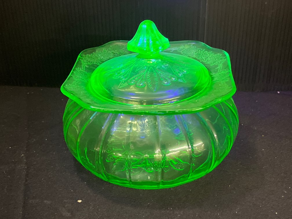 Green Uranium Pressed Glass Covered Dish