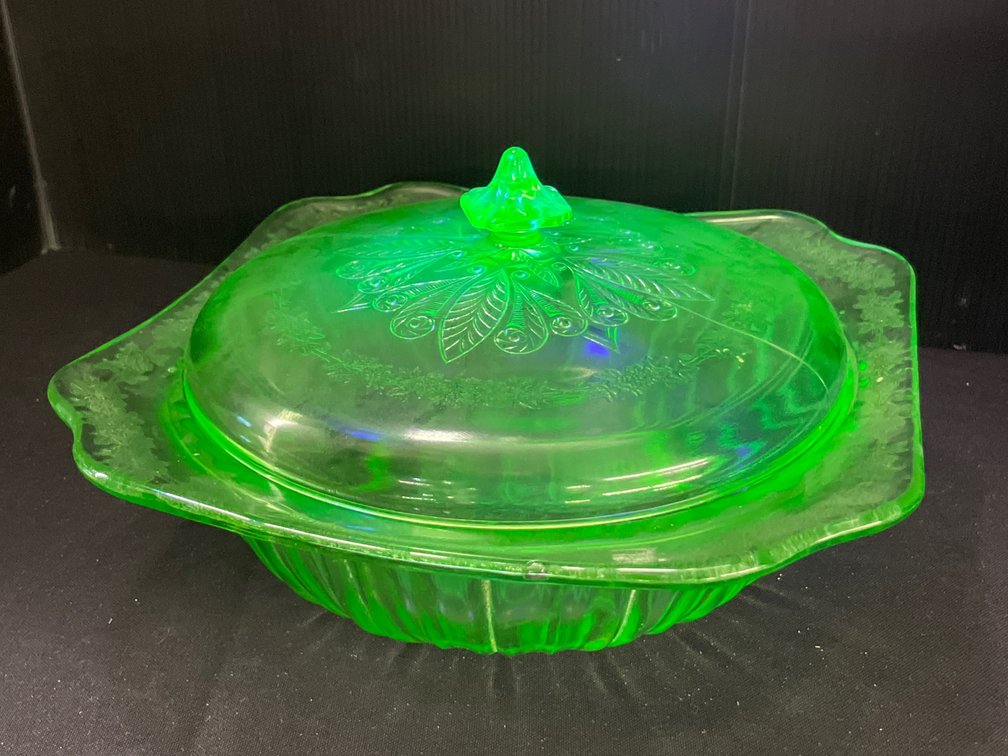 Green Uranium Glass Covered Casserole Dish