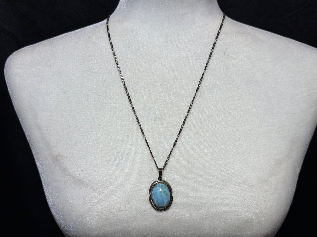Sterling Silver Light Blue Cabochon Pendant Necklace