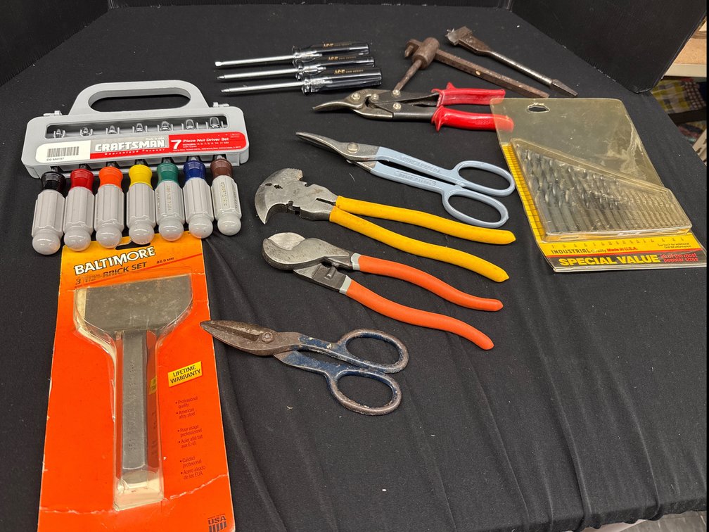 Nut Driver Set, Brick Chisel, Snips, and Hand Tools