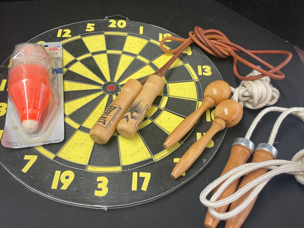 Double-Sided Dartboard, Jump Ropes, and Shuttlecocks