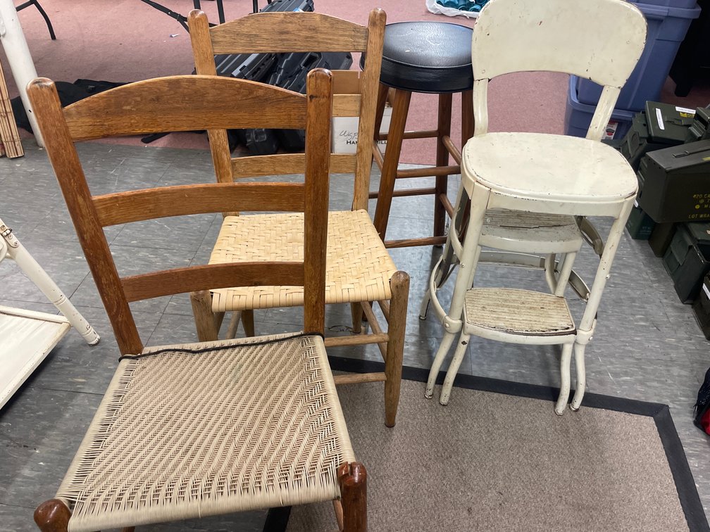 Wooden Ladder-Back Chairs, Bar Stool, and Metal Step Stool