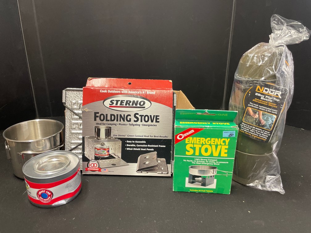 Camp Stoves, Water Filtration Bottle, and Cookware