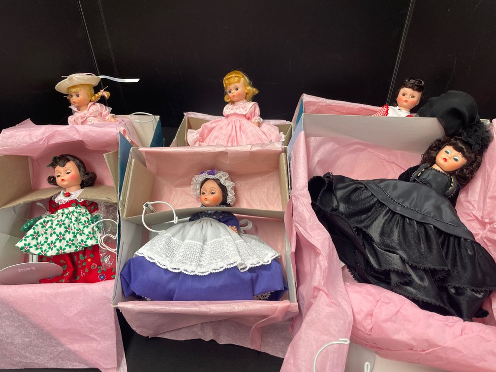 Six Madame Alexander Dolls with Boxes and Stands