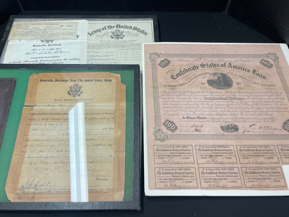 U.S. Military Discharge Documents and 1863 CSA Loan Bond