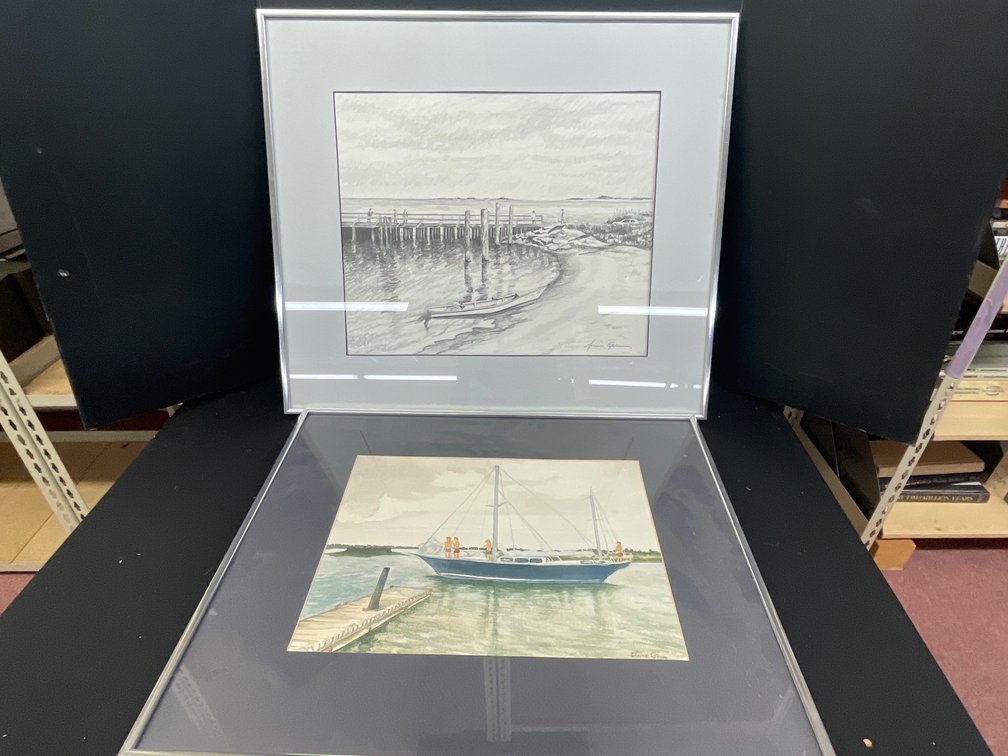 Elaine Gwin Framed Coastal Watercolor and Pencil Drawing