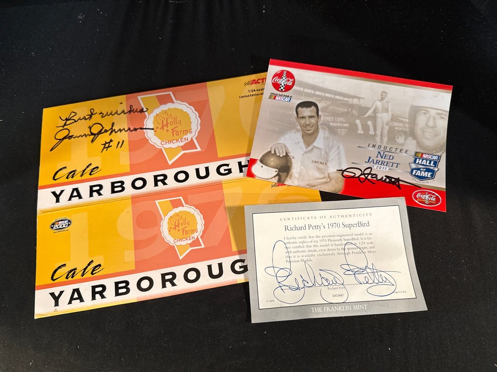 Richard Petty, Junior Johnson, Ned Jarrett Autographed NASCAR Packaging Sleeves, Card, and Certificate