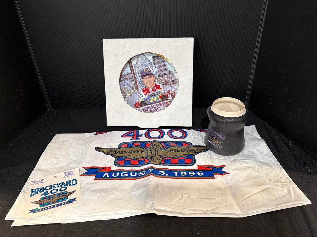 Brickyard 400 Collector Plate, Can Cooler, Decal, and Bag