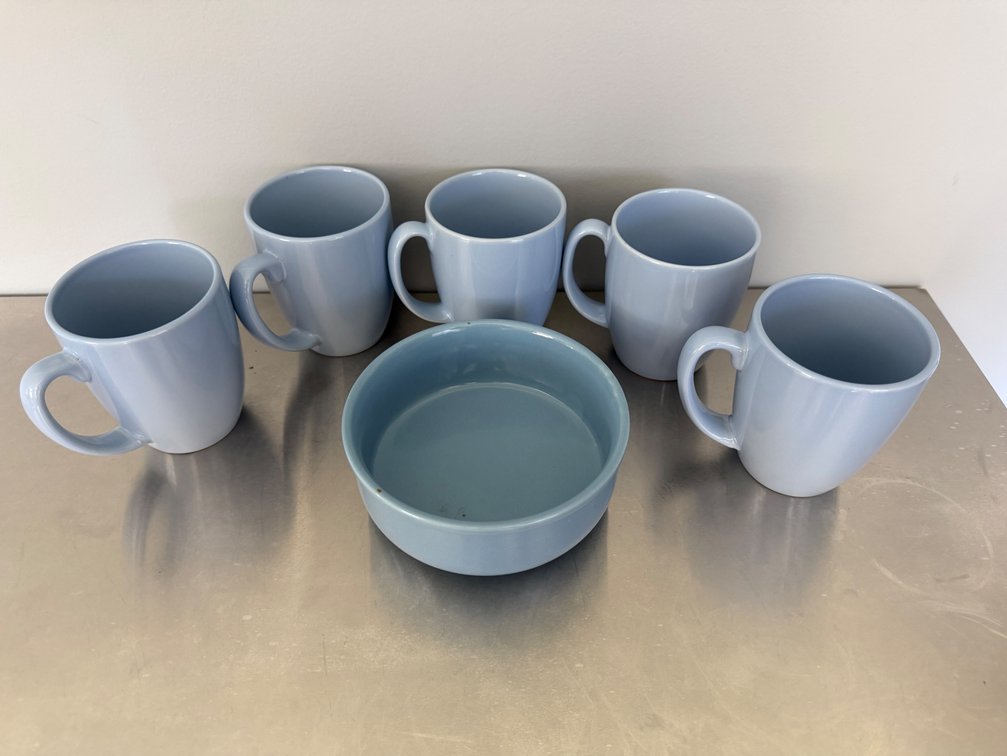 Light Blue Glazed Ceramic Mugs and Bowl Set