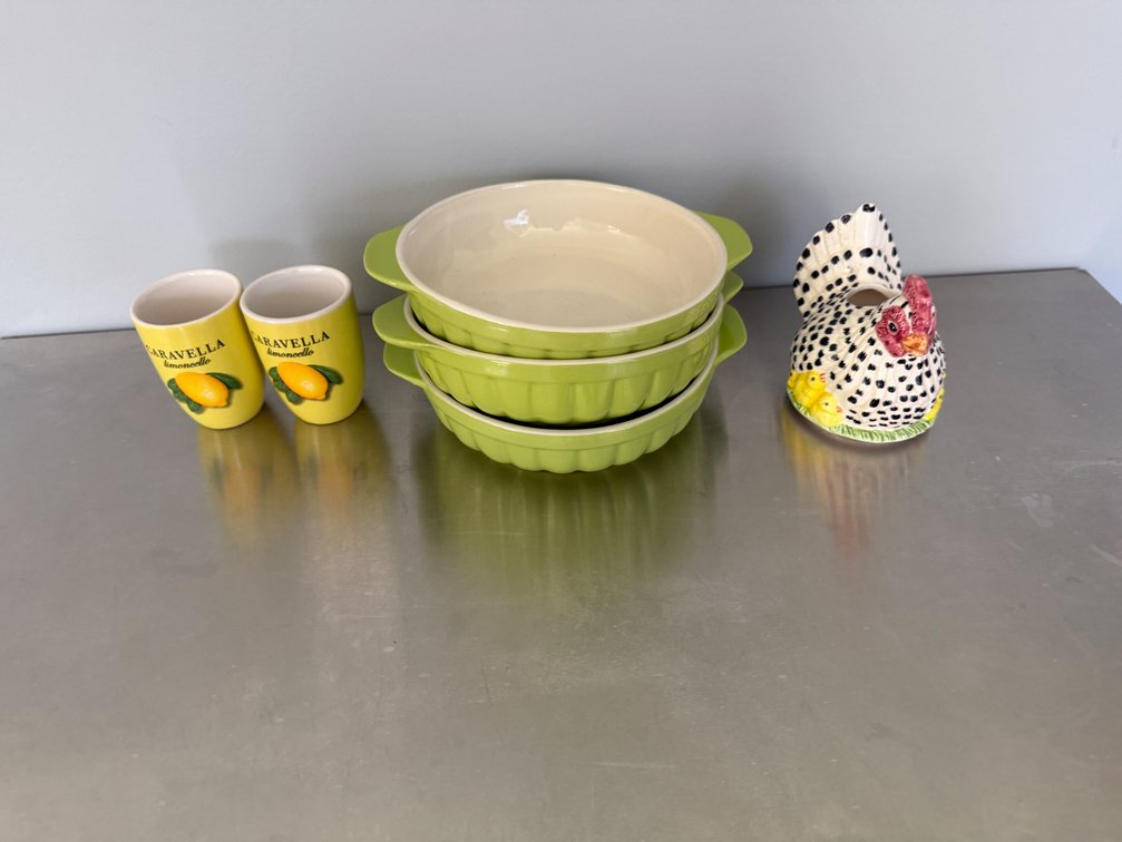 Ceramic Baking Dishes, Shot Glasses, and Hen Vessel