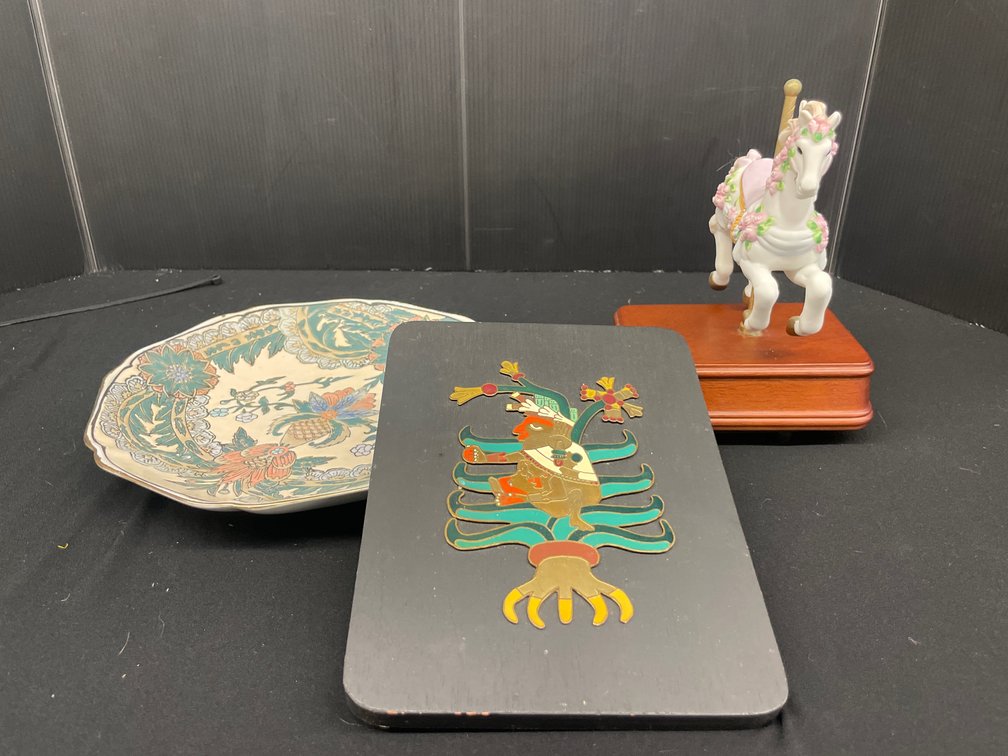 Ceramic Plate, Enameled Plaque, and Carousel Horse Music Box