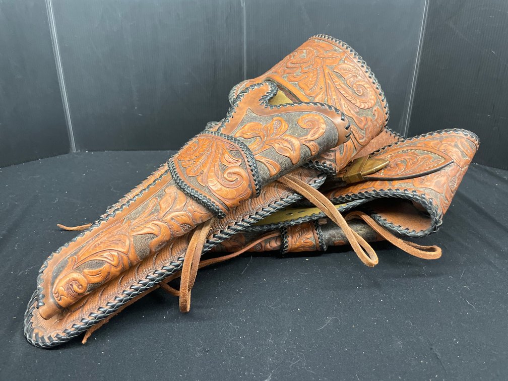 Tooled Leather Western Double Holster Gun Belt Rig