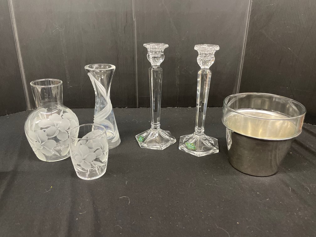 Crystal Candlesticks, Glass Bedside Carafe Set, and Vases