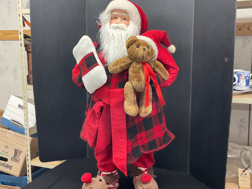 Standing Santa Claus Figure in Buffalo Plaid Coat