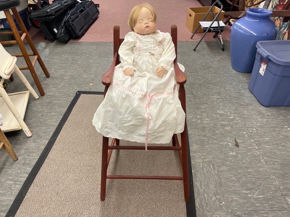 Porcelain Baby Doll and Miniature Wooden High Chair