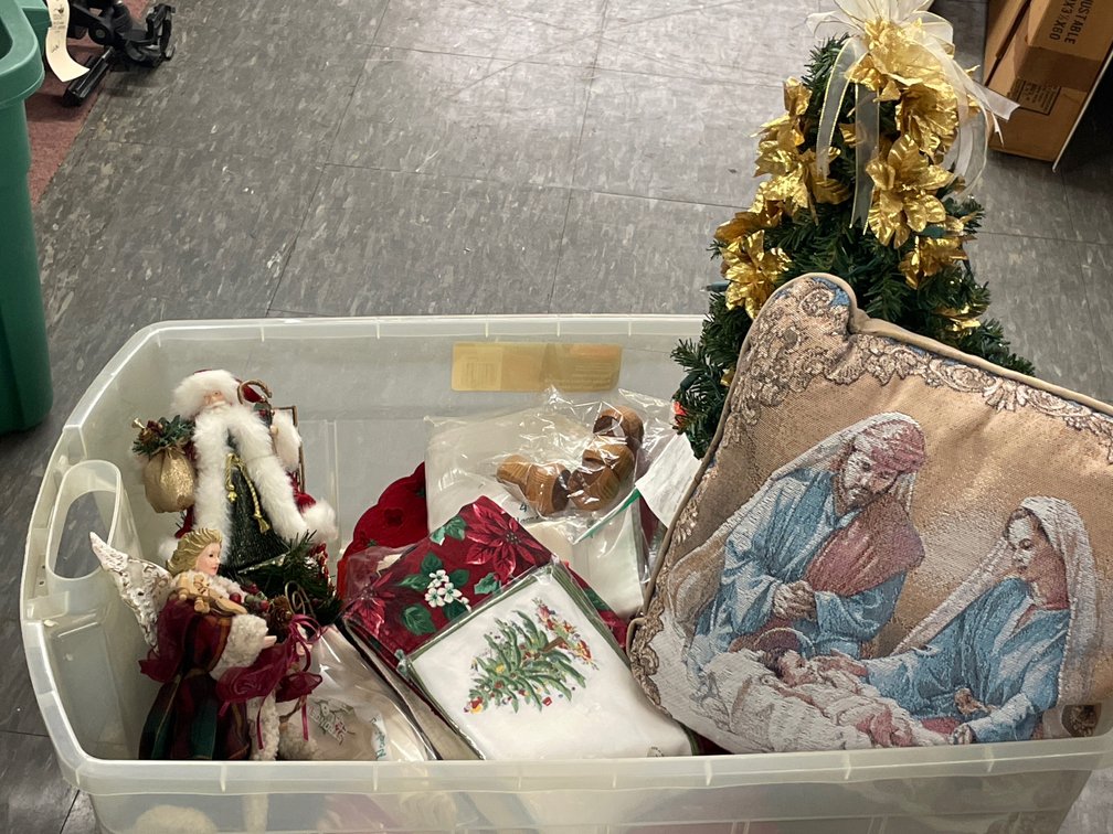 Christmas Decor Lot with Linens, Figurines, Pillow, and More