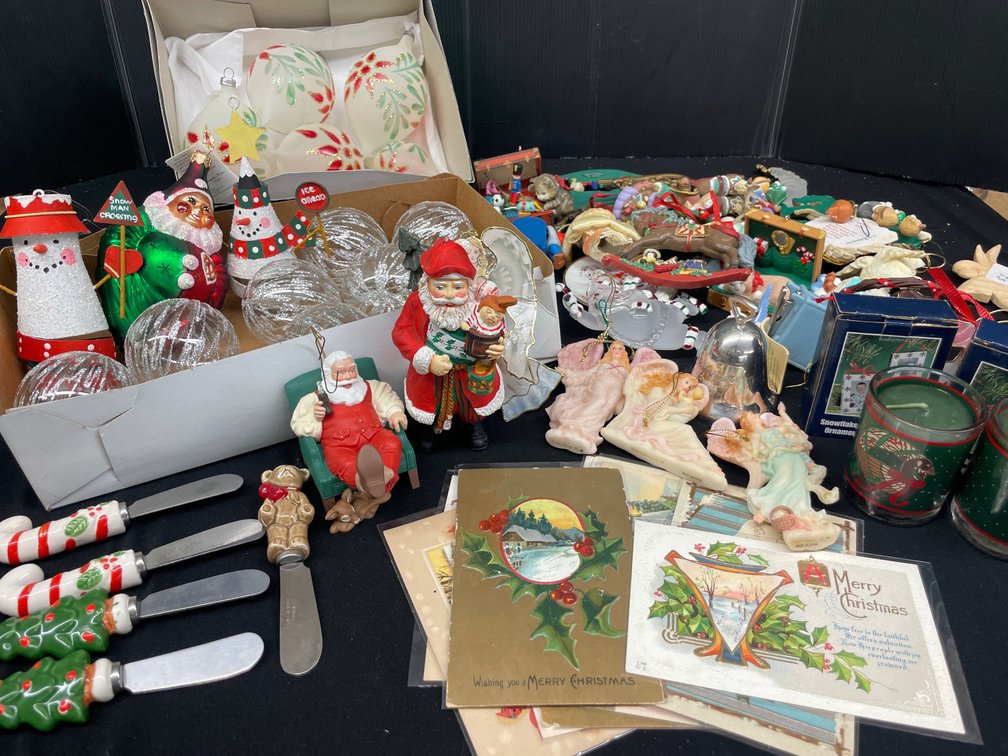 Christmas Ornaments, Spreader Knives, and Vintage Postcards