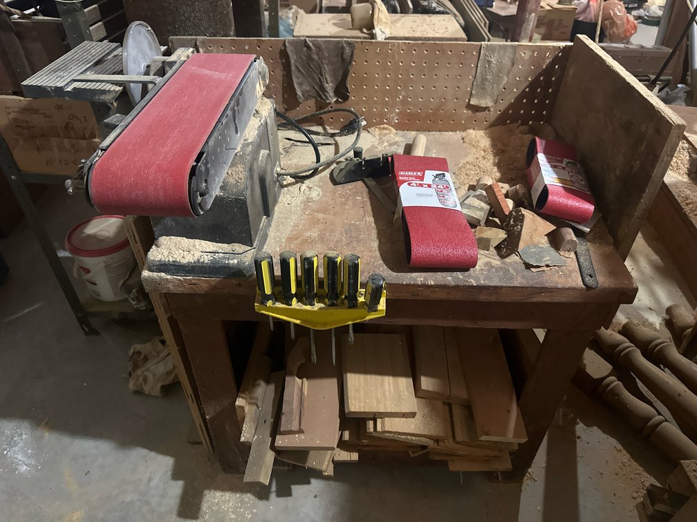 Wooden Workbench, Belt and Disc Sander, Tools, and Lumber