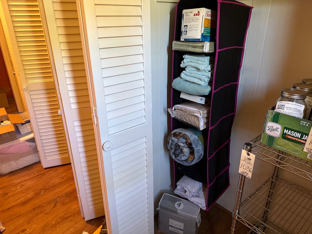 Hanging Closet Organizer, Linens, Electric Iron, and More