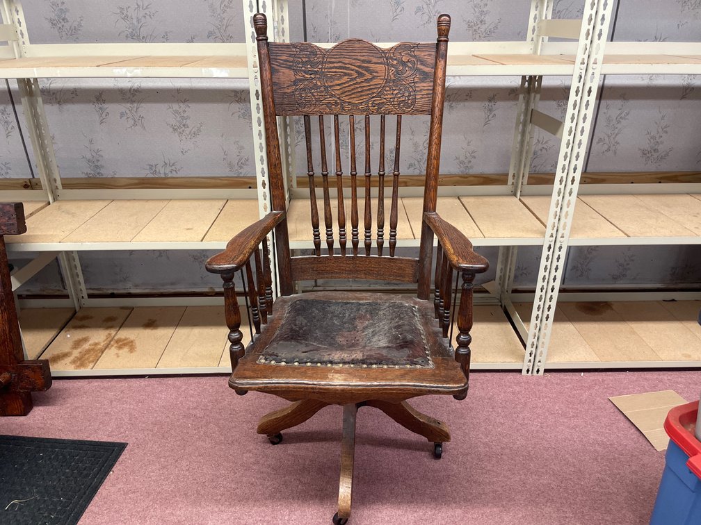 Carved Oak High-Back Swivel Desk Armchair