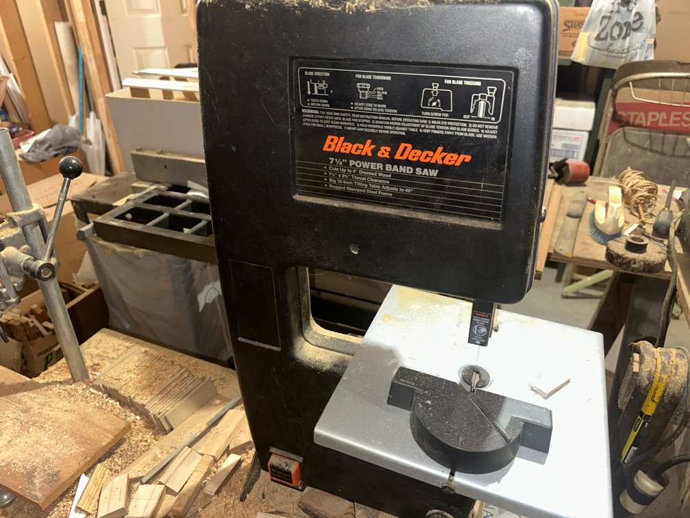 Power Band Saw, Electric Drill with Stand, and Work Table