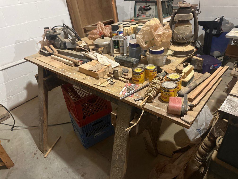 Wooden Work Table, Craftsman Hand Planer, and Workshop Supplies